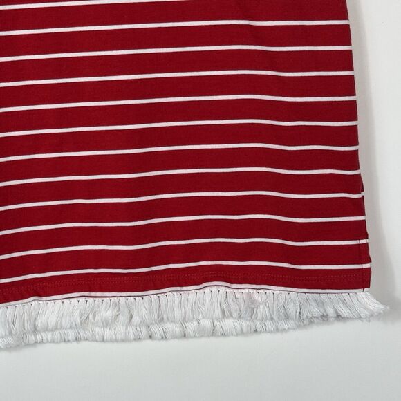 Beach Lunch Lounge Red White Stripe Fringe Hem Short Sleeve Dress Women's XL - Picture 4 of 6